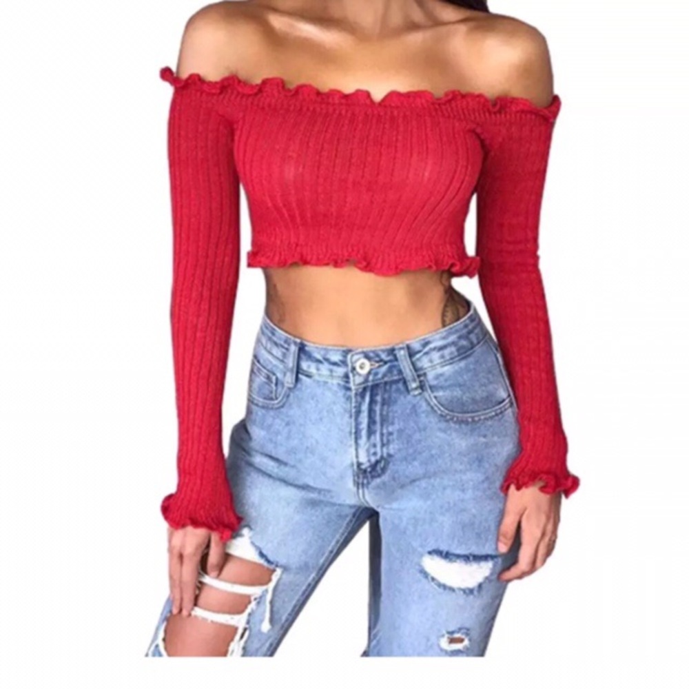 OFF SHOULDER RUFFLE LONG SLEEVE CROP TOP SIZE M